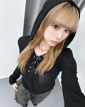SEE- THROUGH HOODED LONG SLEEVE TOP/ 2色