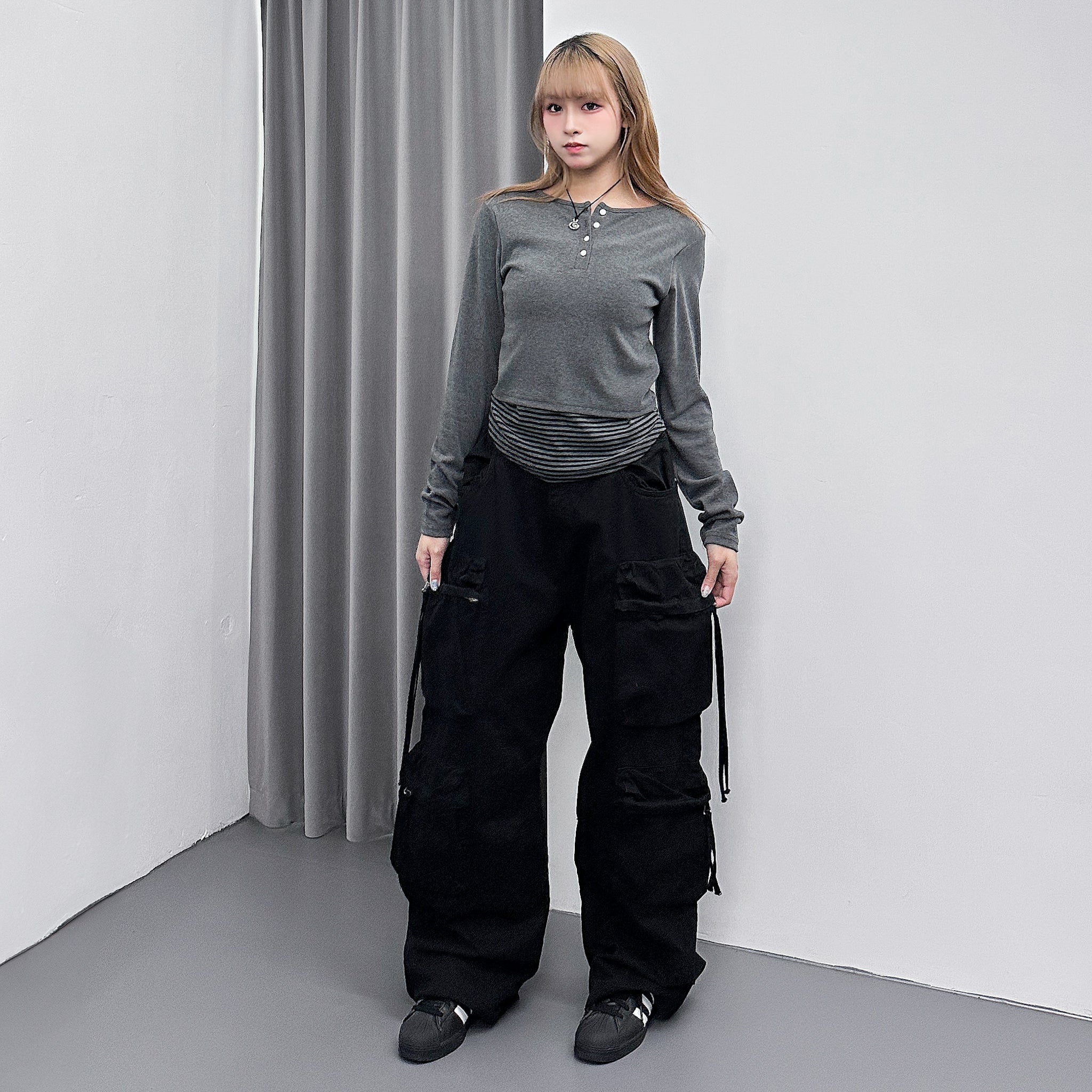 假兩件STRIPED BUTTON LAYERED LONG SLEEVE/ 2色