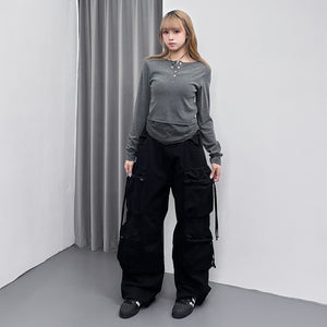 假兩件STRIPED BUTTON LAYERED LONG SLEEVE/ 2色