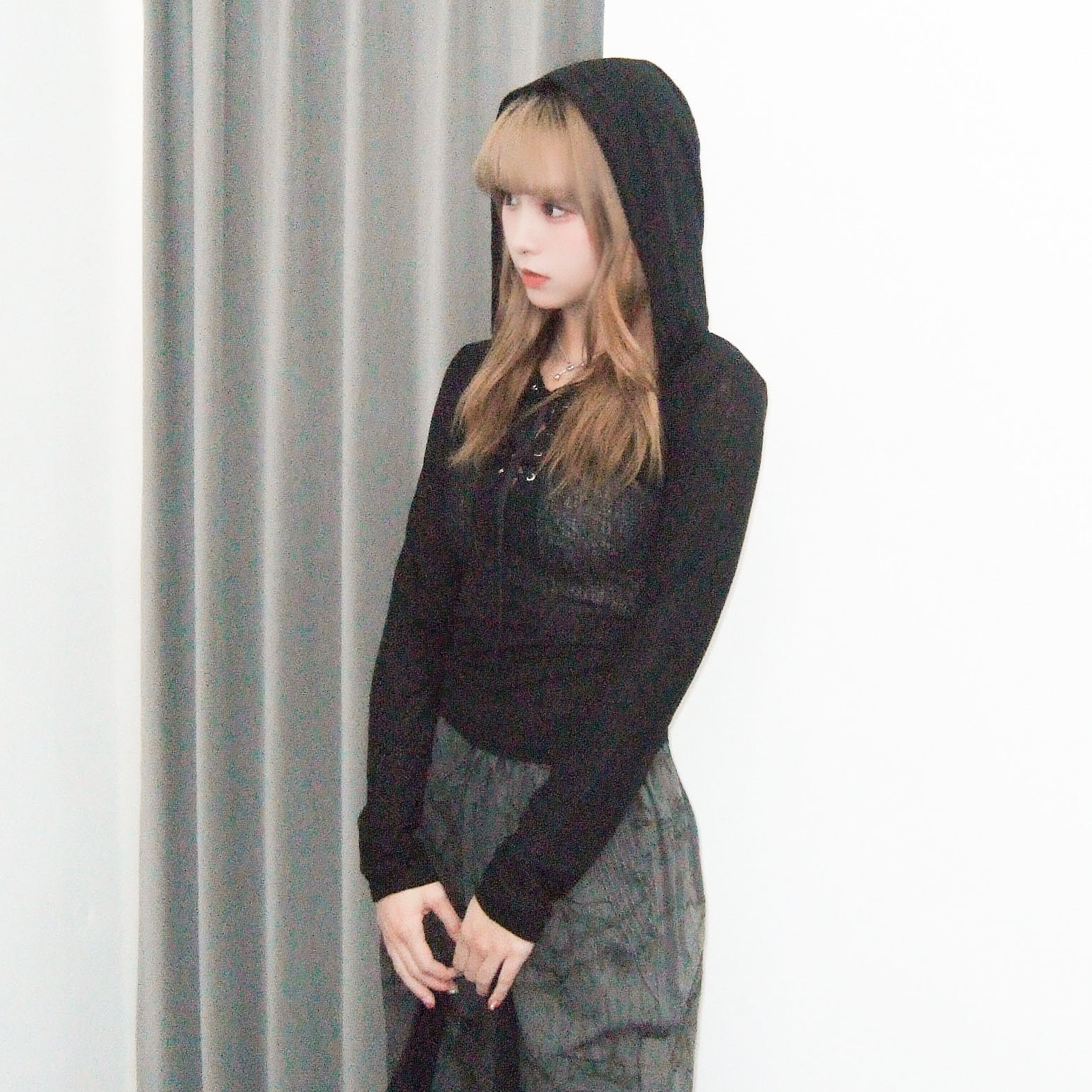 SEE- THROUGH HOODED LONG SLEEVE TOP/ 2色
