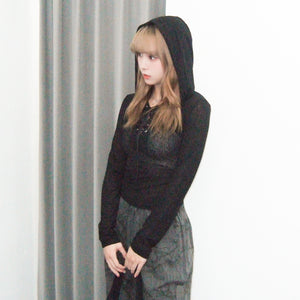 SEE- THROUGH HOODED LONG SLEEVE TOP/ 2色