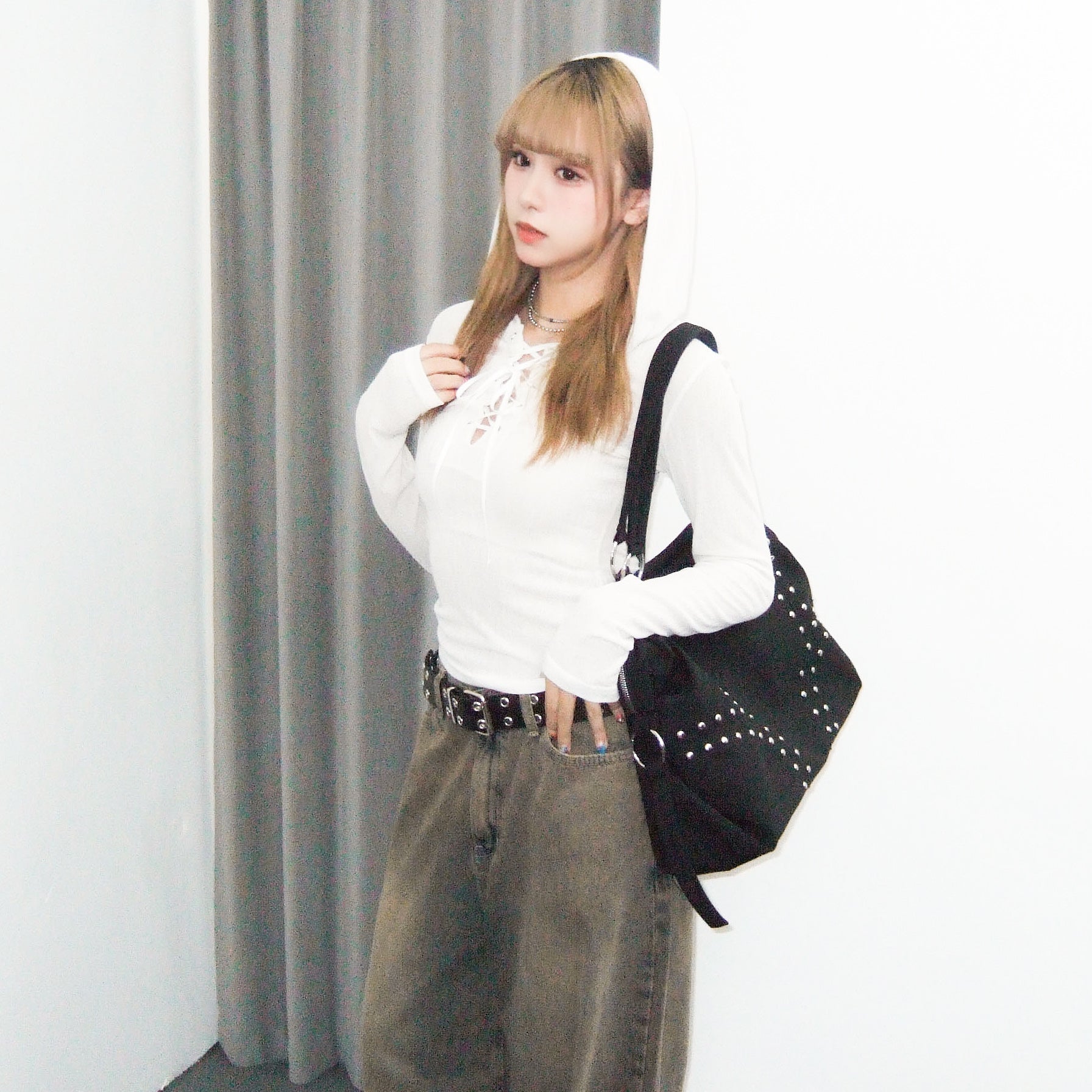 SEE- THROUGH HOODED LONG SLEEVE TOP/ 2色