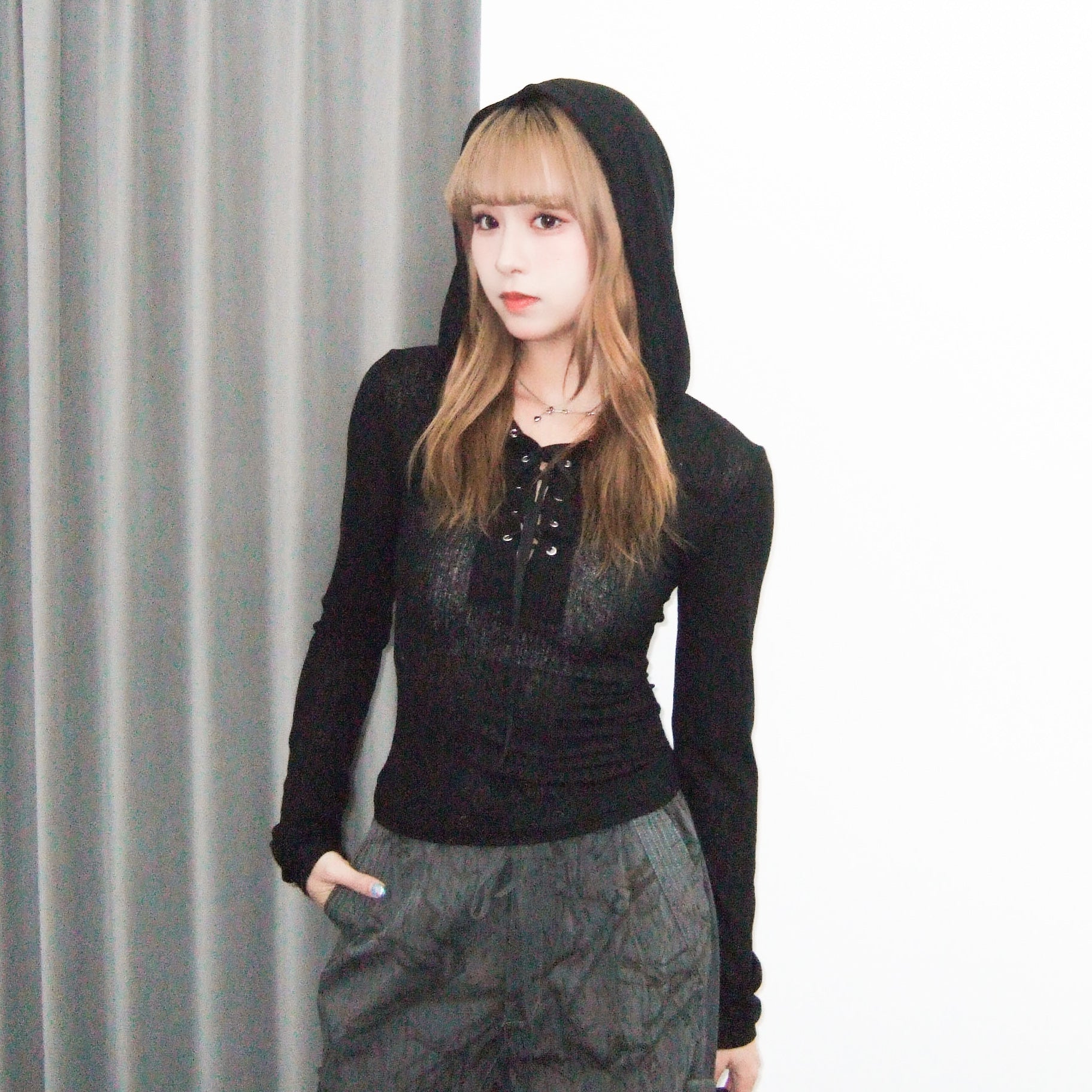 SEE- THROUGH HOODED LONG SLEEVE TOP/ 2色