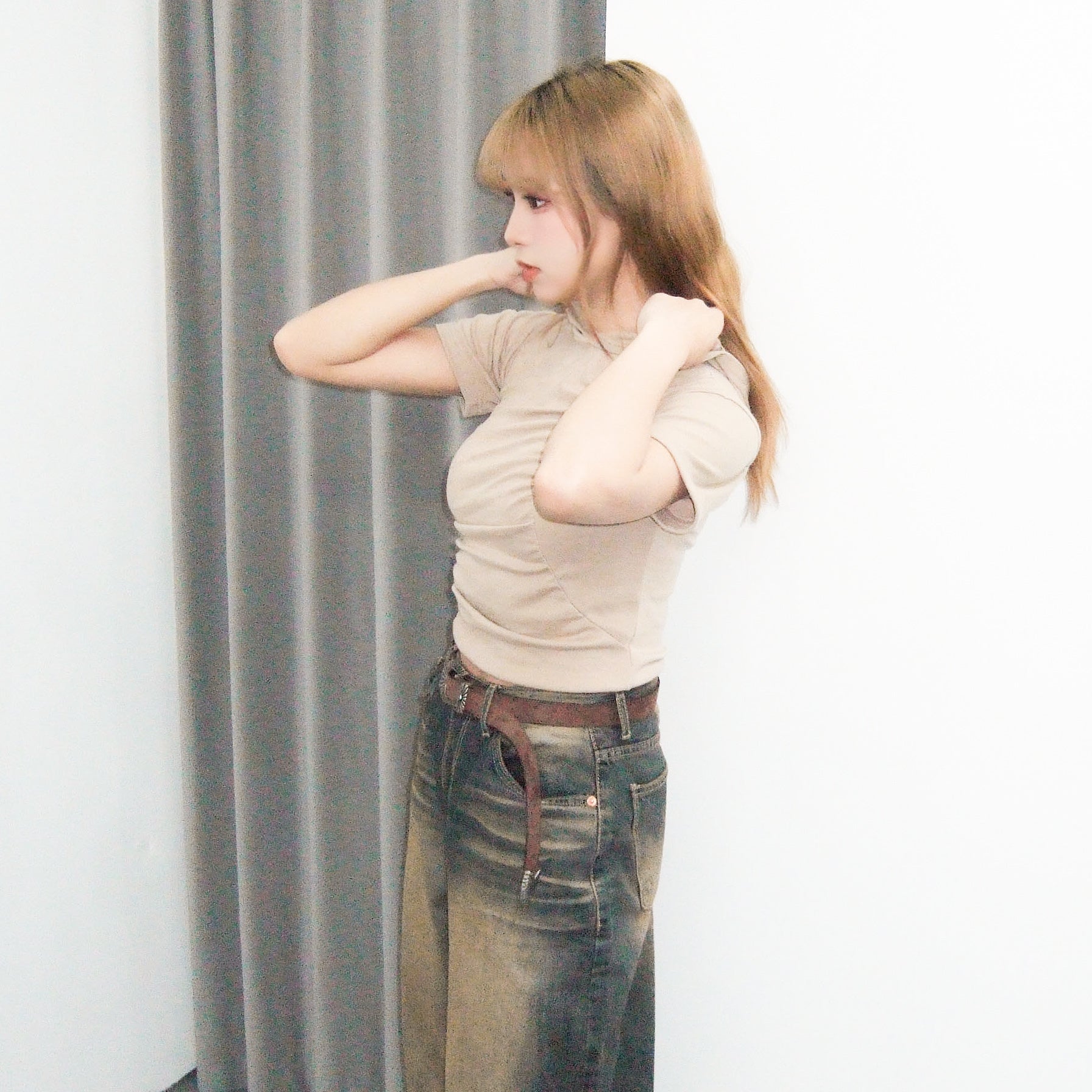 膊位鏤空WRINKLE HOODED CROP TEE/ 2色