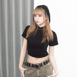 膊位鏤空WRINKLE HOODED CROP TEE/ 2色