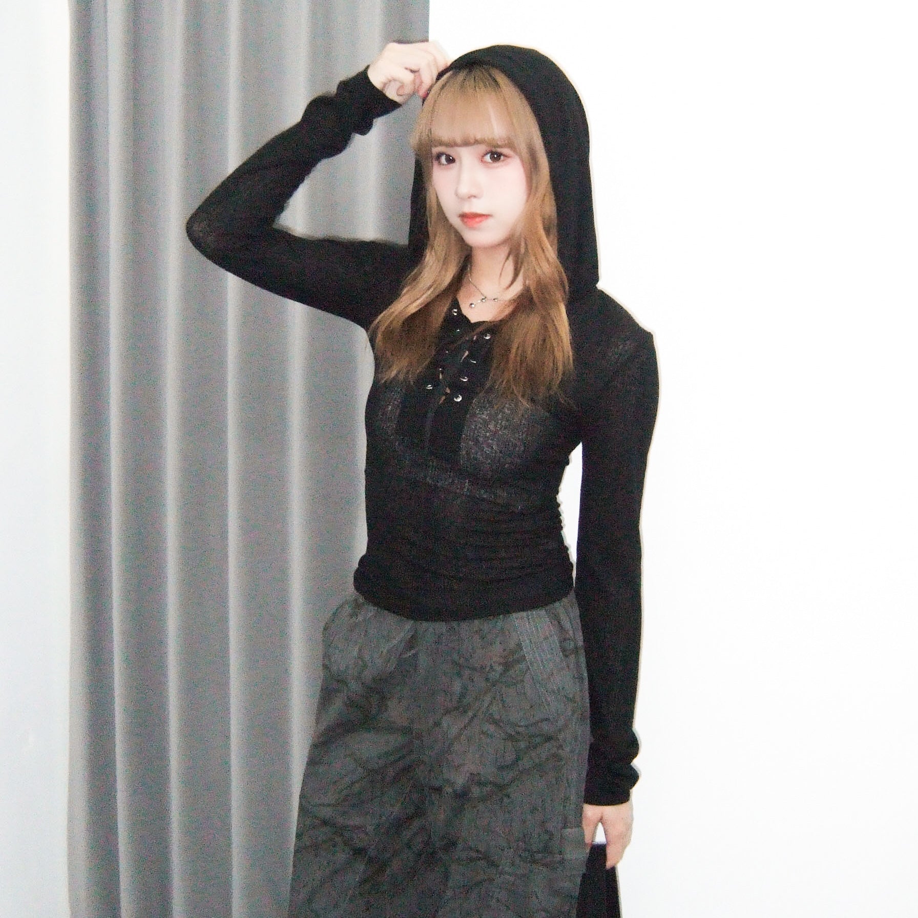 SEE- THROUGH HOODED LONG SLEEVE TOP/ 2色