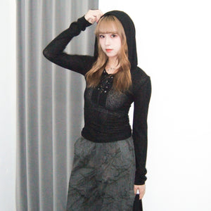 SEE- THROUGH HOODED LONG SLEEVE TOP/ 2色