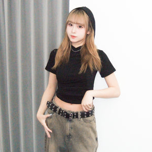 膊位鏤空WRINKLE HOODED CROP TEE/ 2色