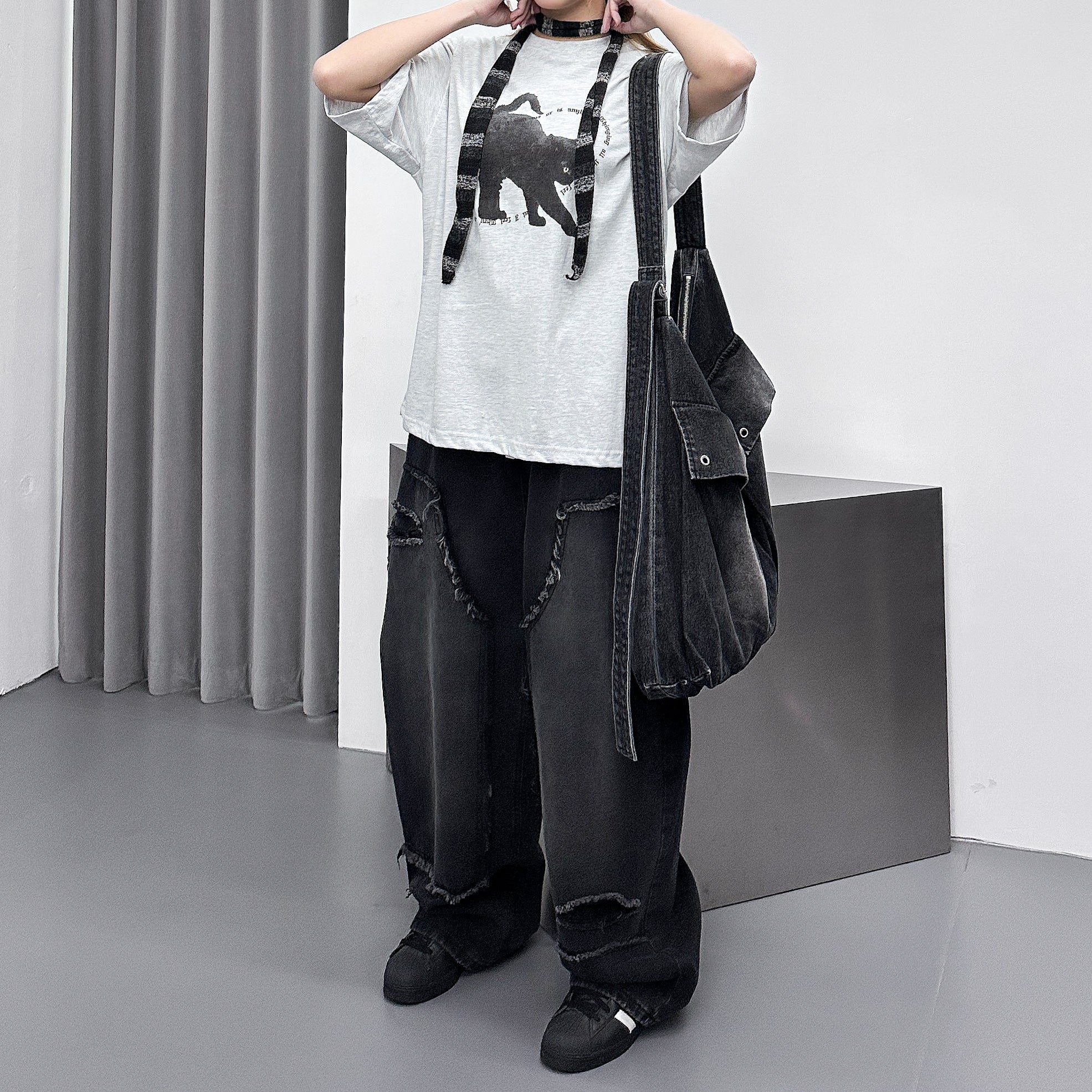 [BEST] UNISEX做舊復古蘇蘇邊SUPER WIDE DENIM PANTS/ 2色