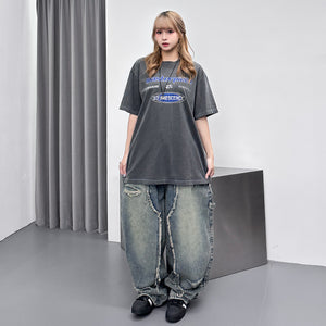 [BEST] UNISEX做舊復古蘇蘇邊SUPER WIDE DENIM PANTS/ 2色