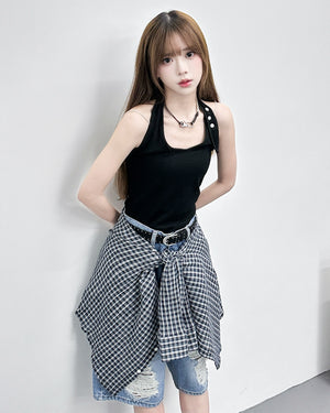 BUTTON HALTER NECK SLEEVELESS/ 3色