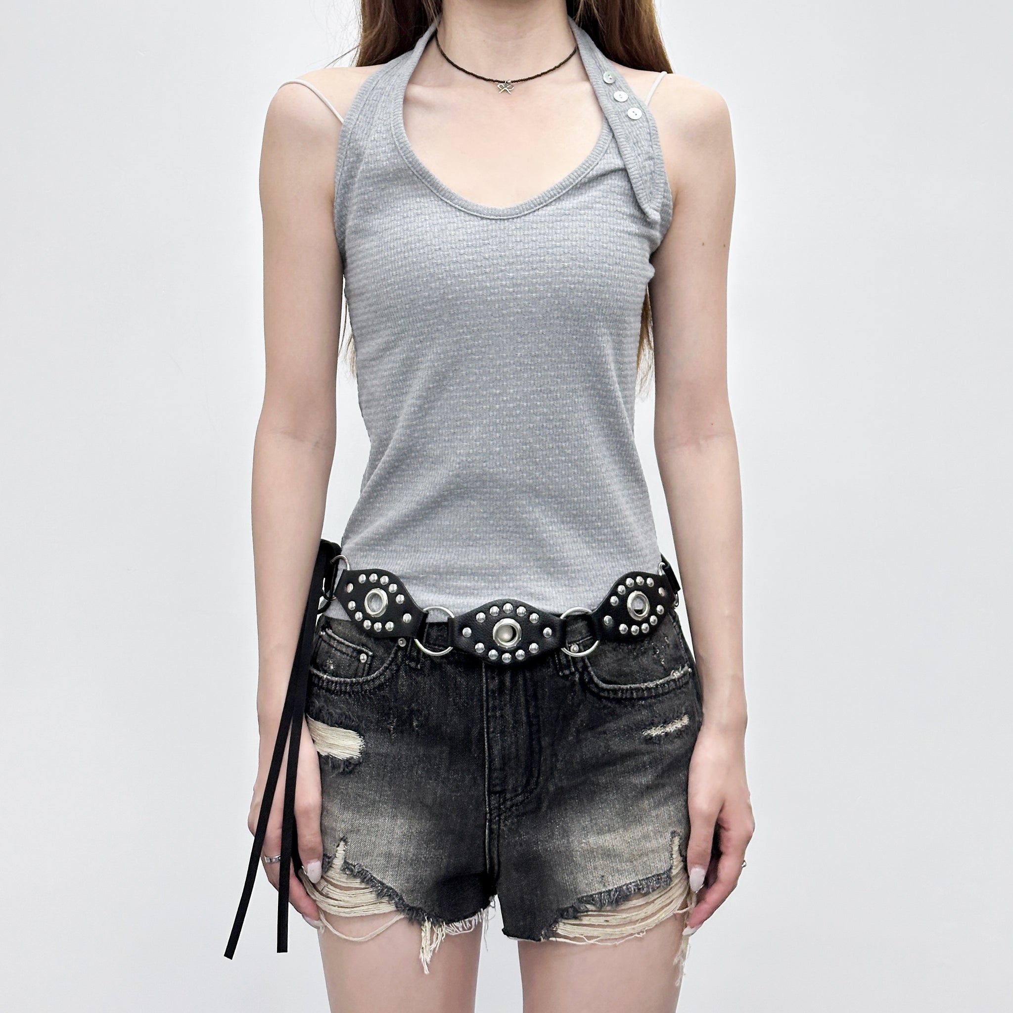 BUTTON HALTER NECK SLEEVELESS/ 3色