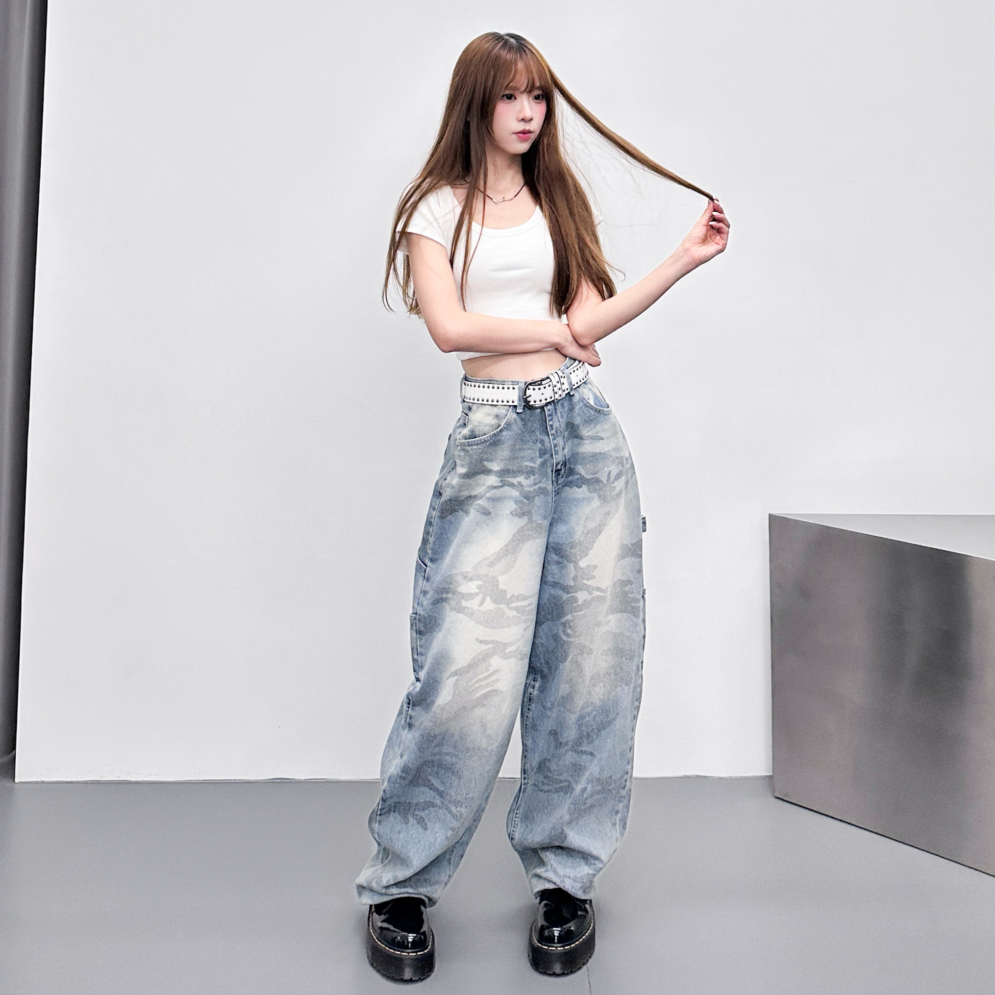 GREY BLUE CAMOUFLAGE BALLOON DENIM PANTS/ 1色