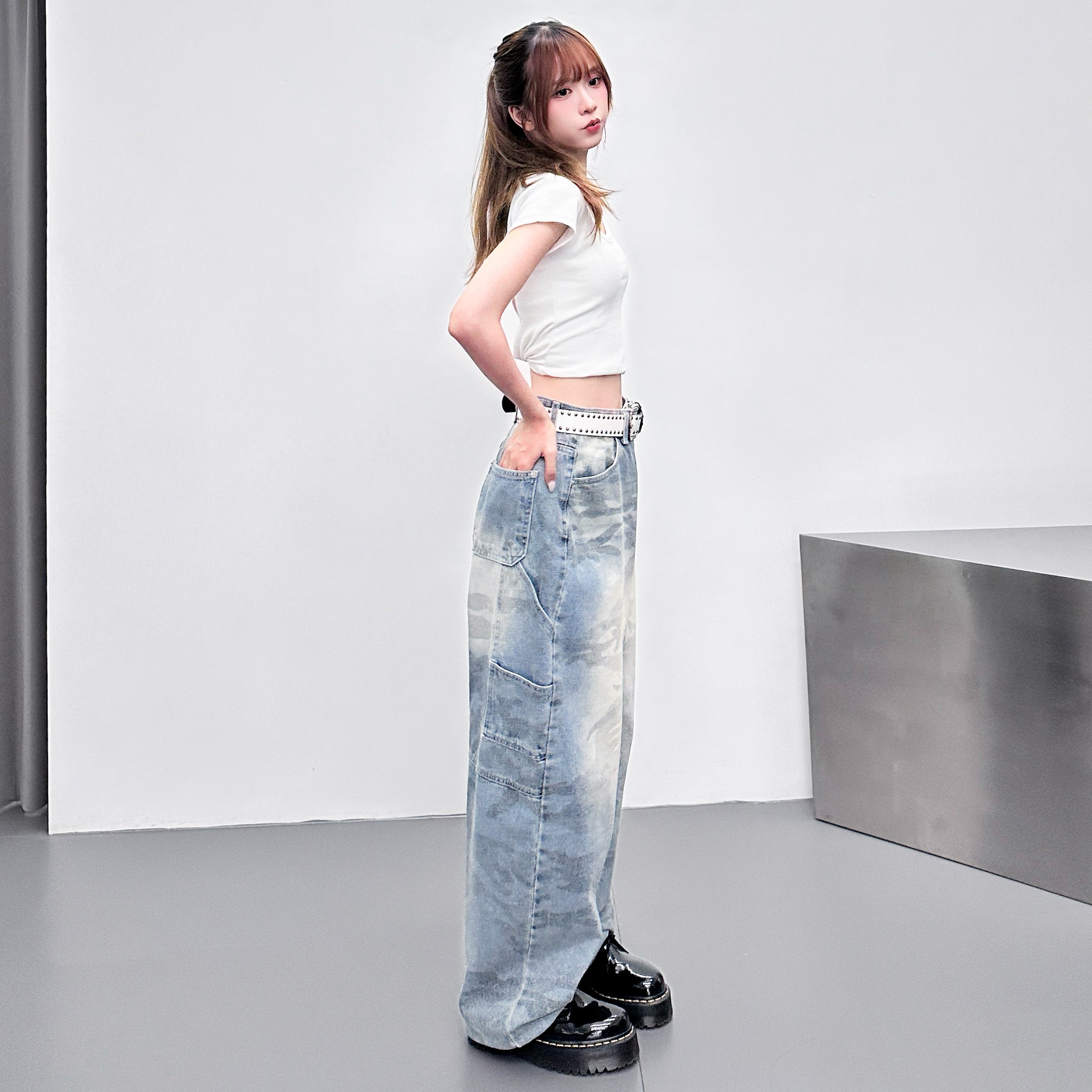 GREY BLUE CAMOUFLAGE BALLOON DENIM PANTS/ 1色