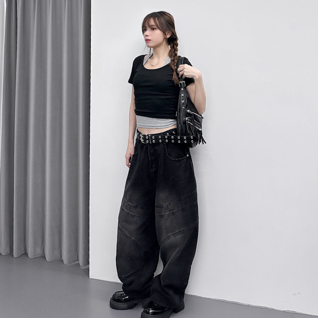 [UNISEX彎刀褲] BLACK WASHED SCIMITAR DENIM PANTS/ 1色