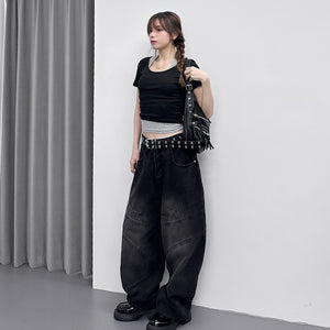[UNISEX彎刀褲] BLACK WASHED SCIMITAR DENIM PANTS/ 1色