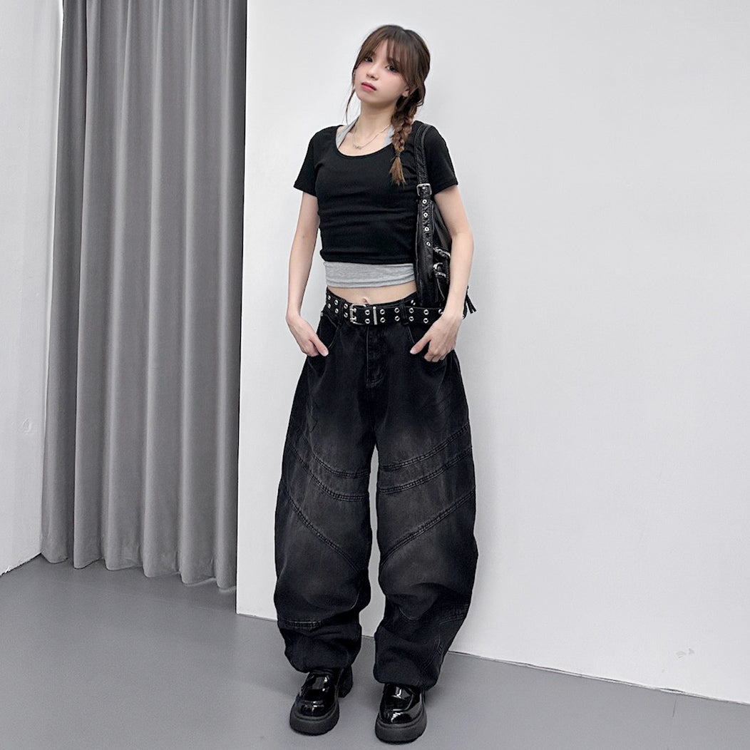 [UNISEX彎刀褲] BLACK WASHED SCIMITAR DENIM PANTS/ 1色