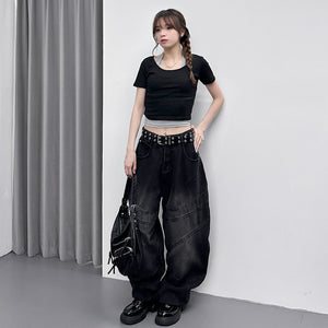 [UNISEX彎刀褲] BLACK WASHED SCIMITAR DENIM PANTS/ 1色