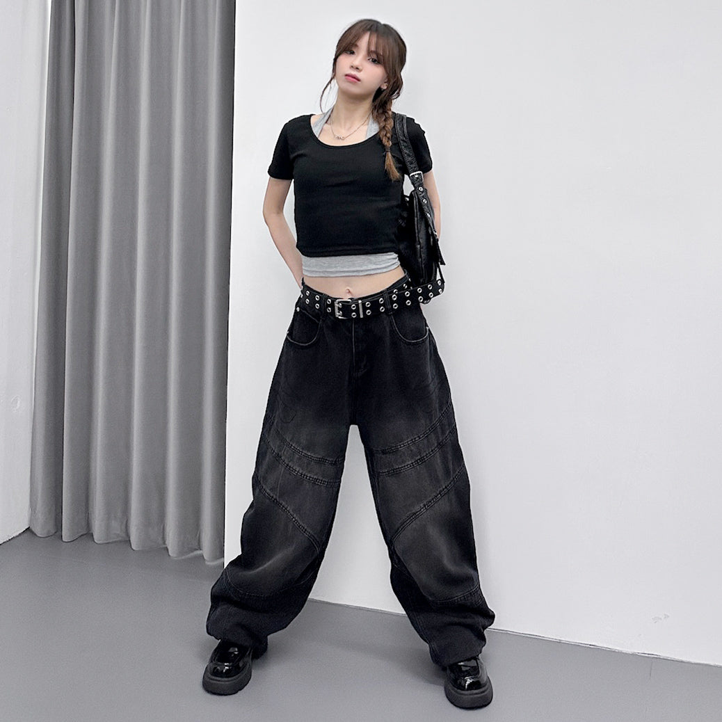 [UNISEX彎刀褲] BLACK WASHED SCIMITAR DENIM PANTS/ 1色