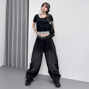 [UNISEX彎刀褲] BLACK WASHED SCIMITAR DENIM PANTS/ 1色