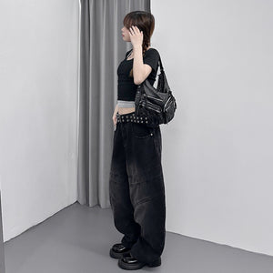 [UNISEX彎刀褲] BLACK WASHED SCIMITAR DENIM PANTS/ 1色