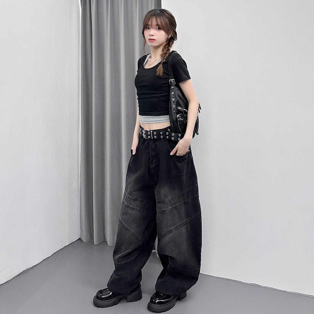 [UNISEX彎刀褲] BLACK WASHED SCIMITAR DENIM PANTS/ 1色