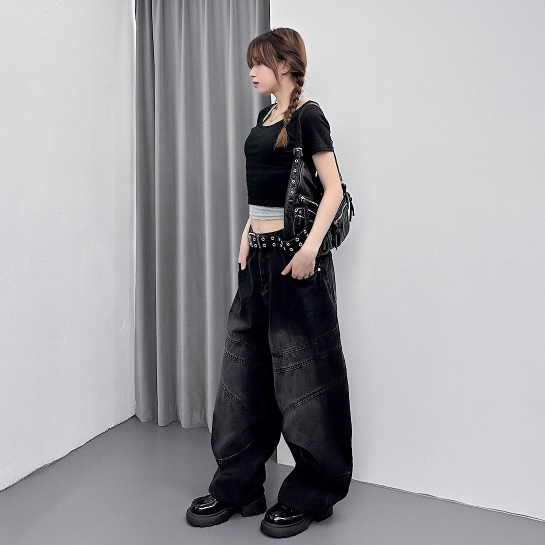 [UNISEX彎刀褲] BLACK WASHED SCIMITAR DENIM PANTS/ 1色
