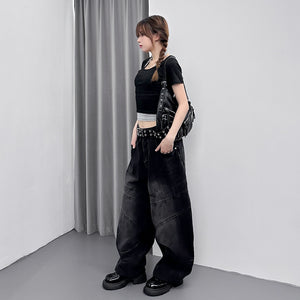 [UNISEX彎刀褲] BLACK WASHED SCIMITAR DENIM PANTS/ 1色