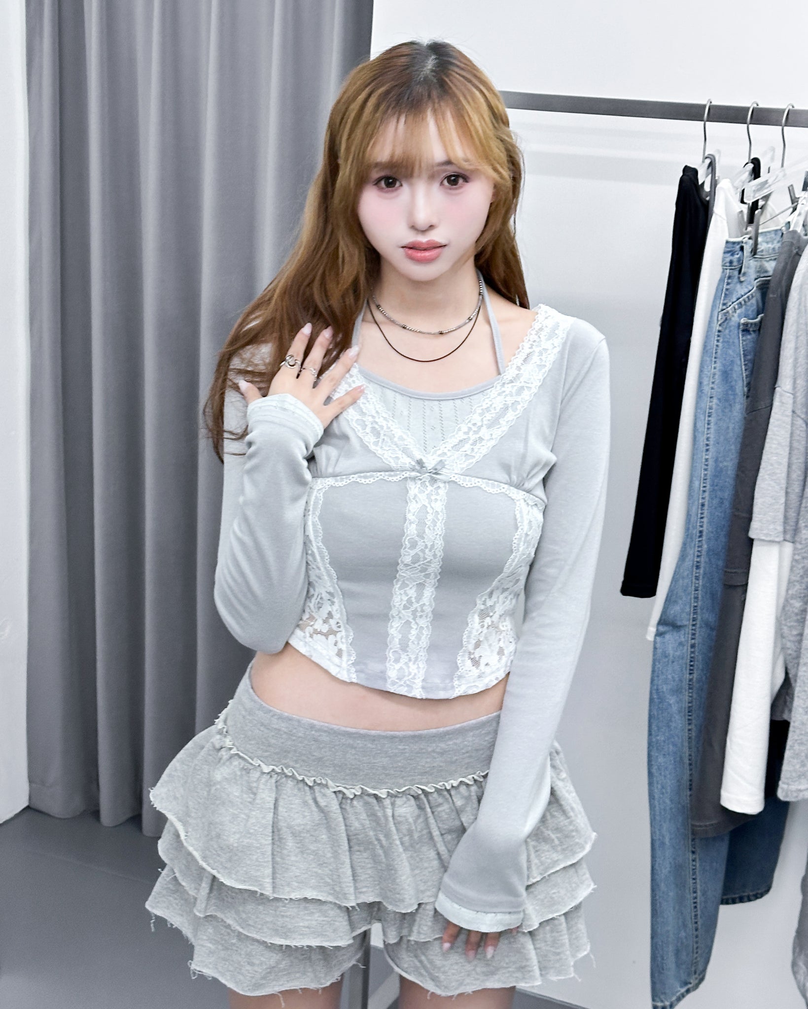 [假兩件] 掛頸背心LACE拼布層次長袖/ 3色