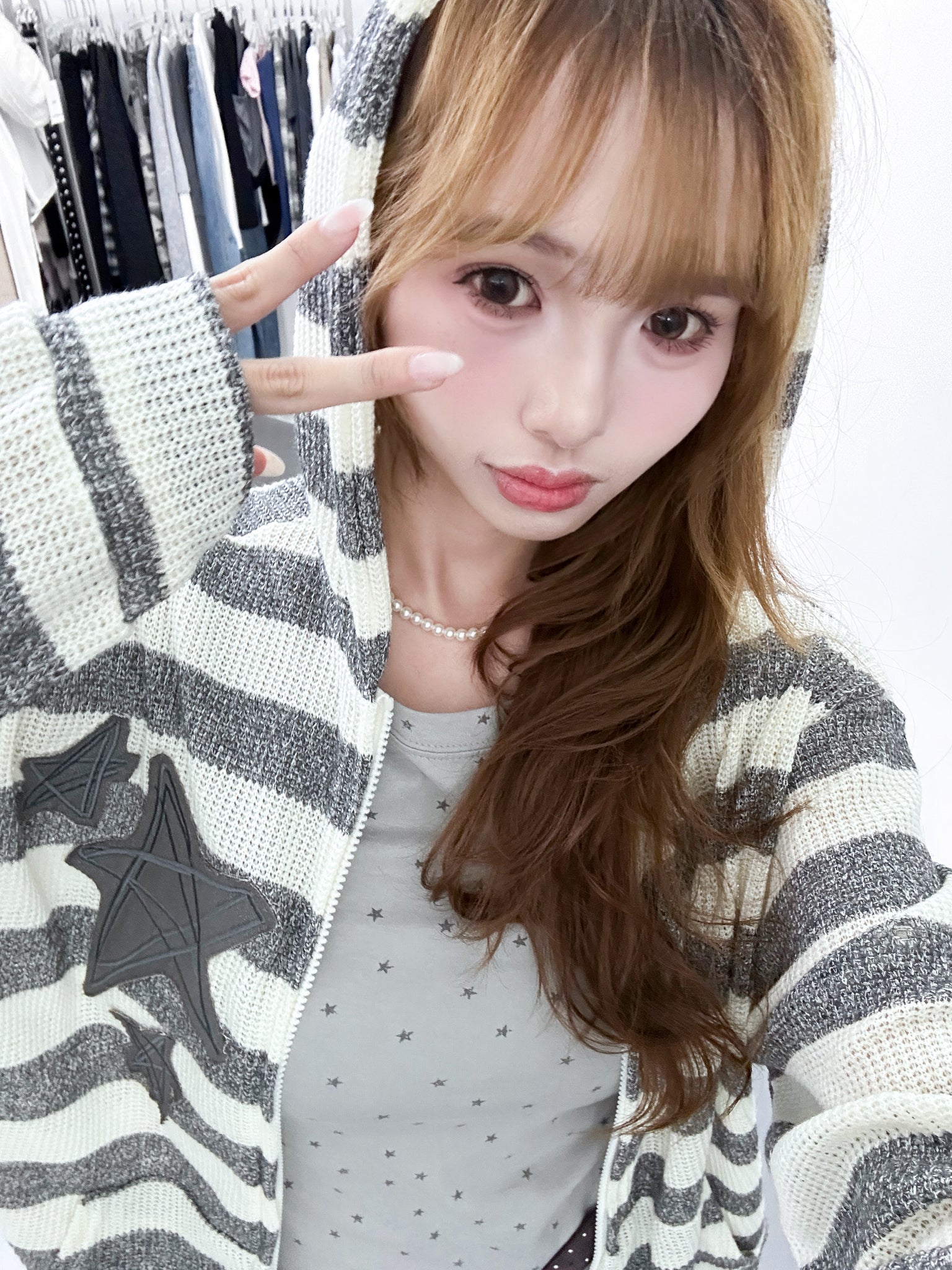 [UNISEX] 星星橫間半透帽款外套/ 2色