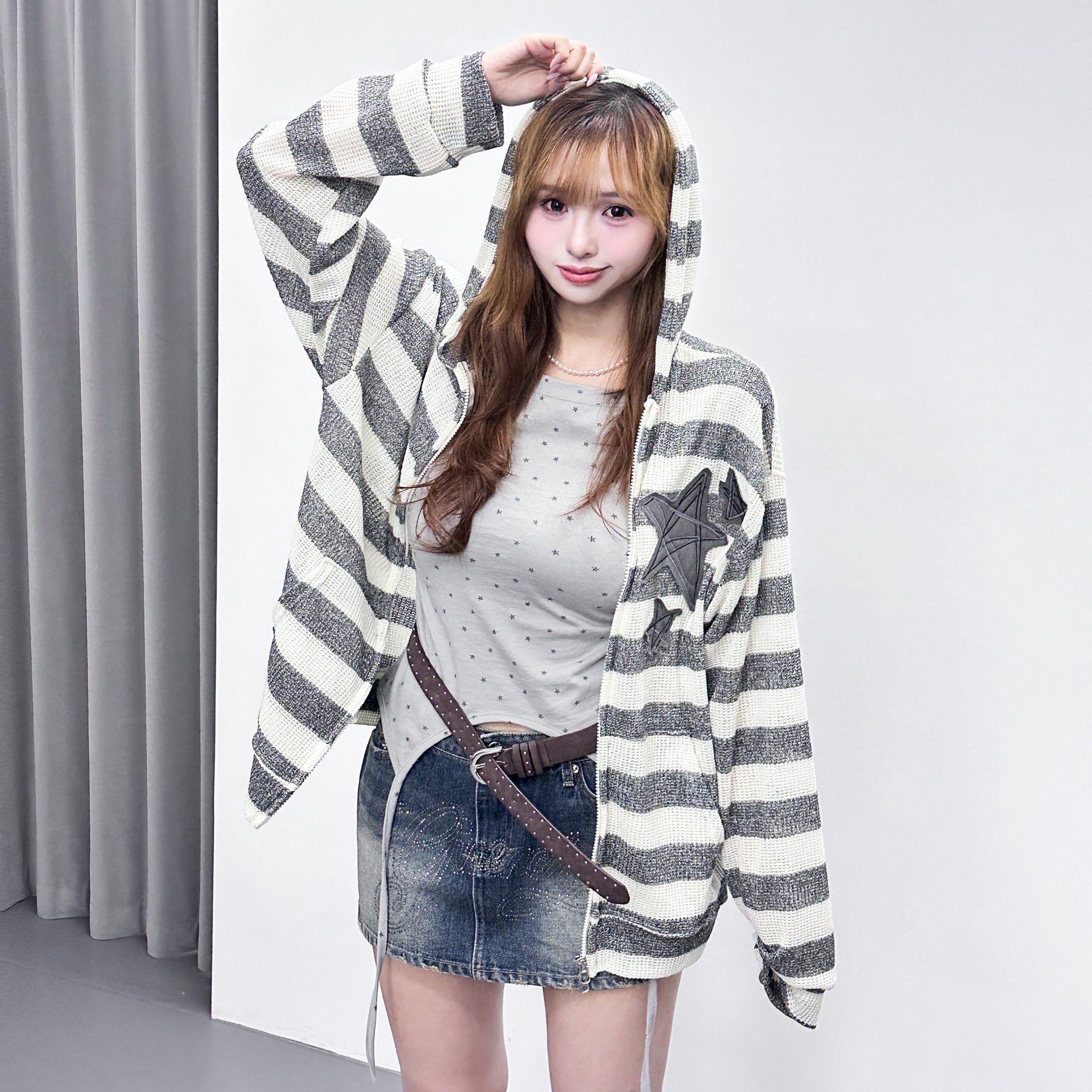 [UNISEX] 星星橫間半透帽款外套/ 2色