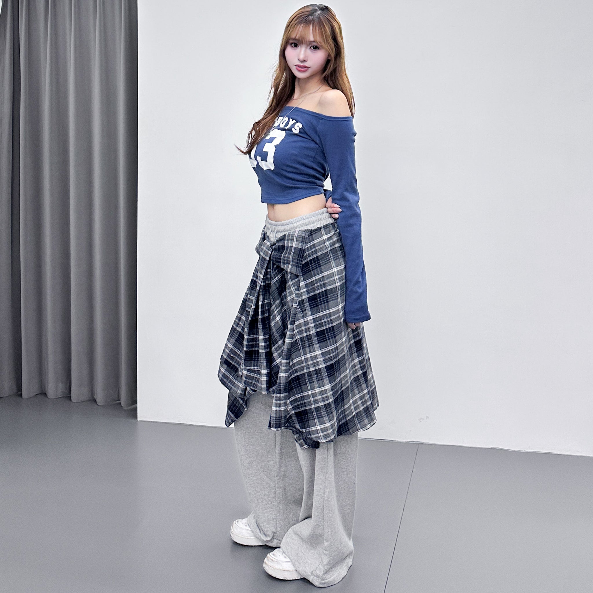 [UNISEX] 假兩件棉褲DOUBLE LAYER CHECK SWEATPANTS/ 2色