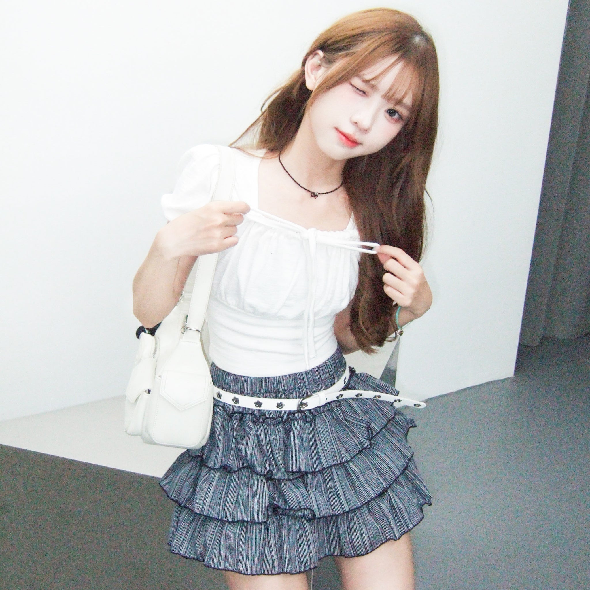 [BEST] 泡泡袖PLEATED RIBBON CROP TEE/ 2色
