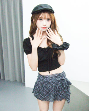 [冰感絲滑料] SLIM CHECKERED SKIRT PANTS WITH LACE BELT/ 1色