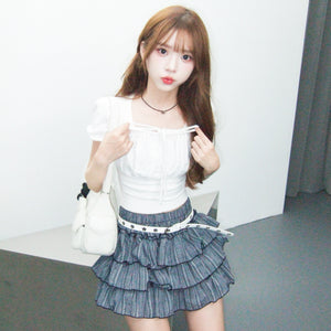 [BEST] 泡泡袖PLEATED RIBBON CROP TEE/ 2色