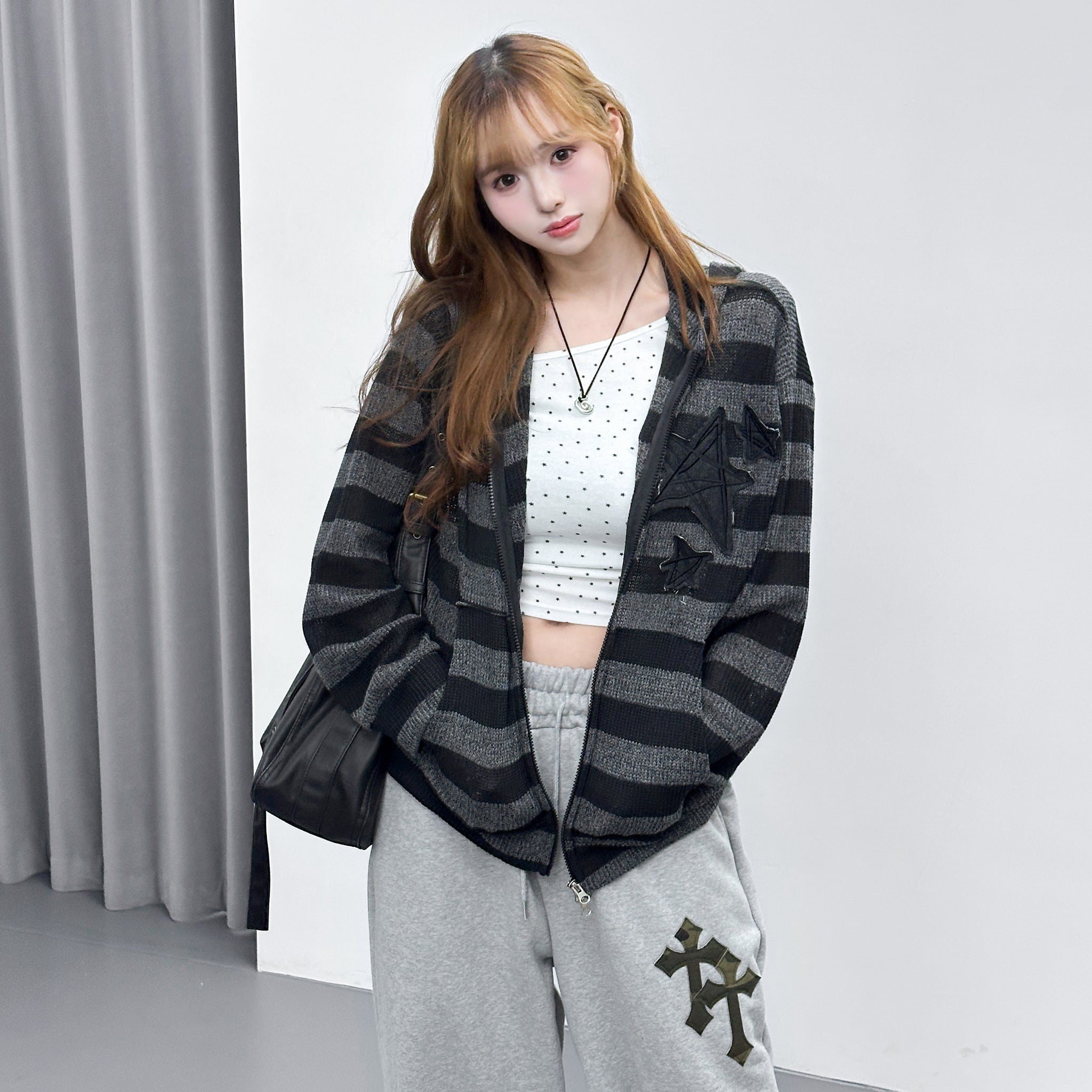 [UNISEX] 星星橫間半透帽款外套/ 2色