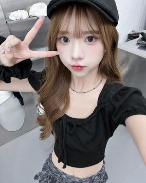 [BEST] 泡泡袖PLEATED RIBBON CROP TEE/ 2色