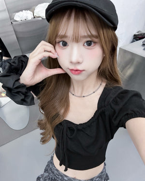 [BEST] 泡泡袖PLEATED RIBBON CROP TEE/ 2色