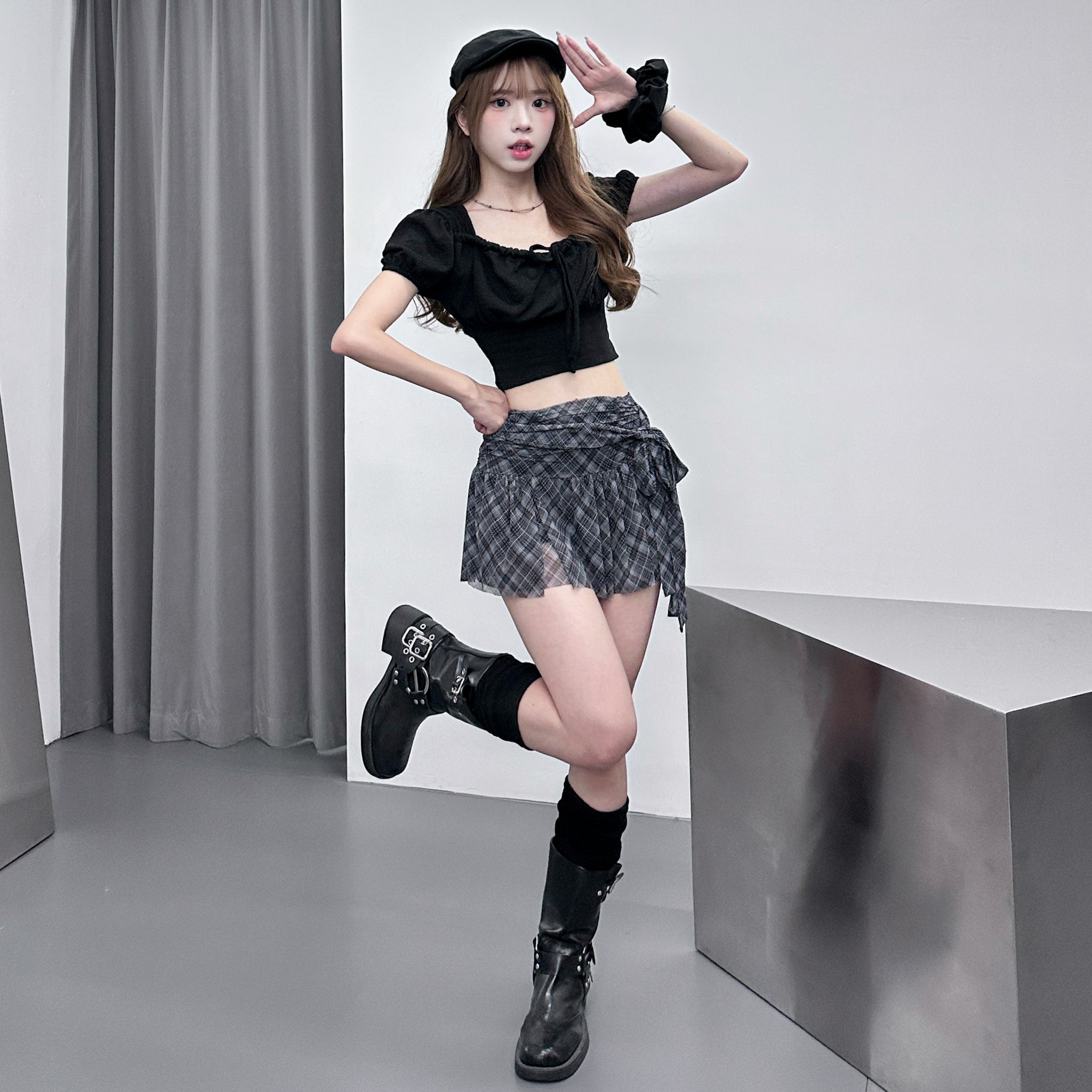 [BEST] 泡泡袖PLEATED RIBBON CROP TEE/ 2色