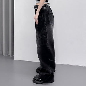 [UNISEX彎刀褲] BLACK WASHED SCIMITAR DENIM PANTS/ 1色