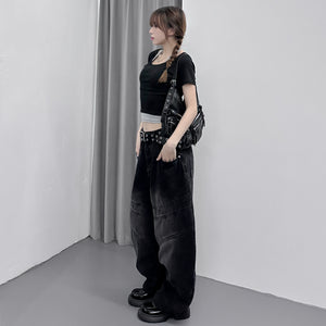 [UNISEX彎刀褲] BLACK WASHED SCIMITAR DENIM PANTS/ 1色
