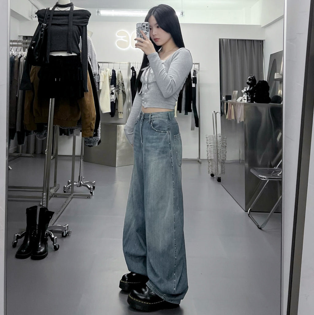 [SUMMER] 銀釘SLUB竹節棉輕盈薄款BALLOON DENIM PANTS/ 1色