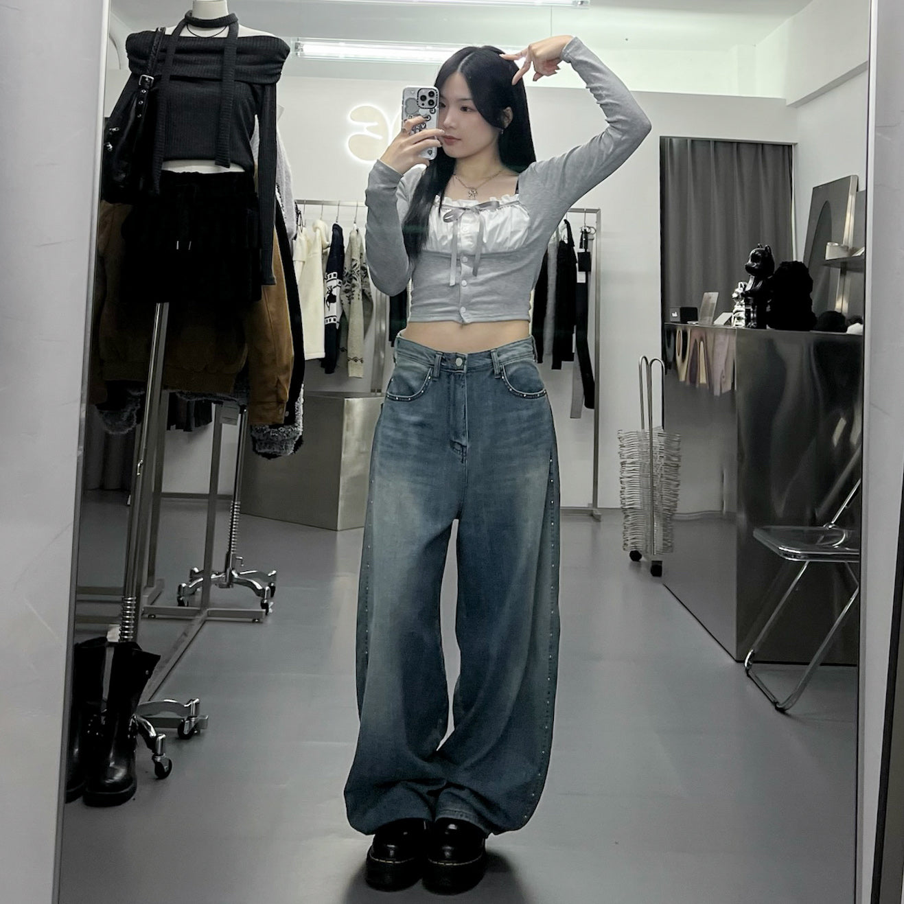 [SUMMER] 銀釘SLUB竹節棉輕盈薄款BALLOON DENIM PANTS/ 1色