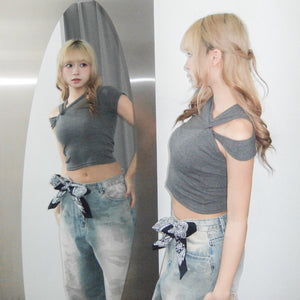 [2WAY] UNTIE THE KNOT CROP TEE/ 2色