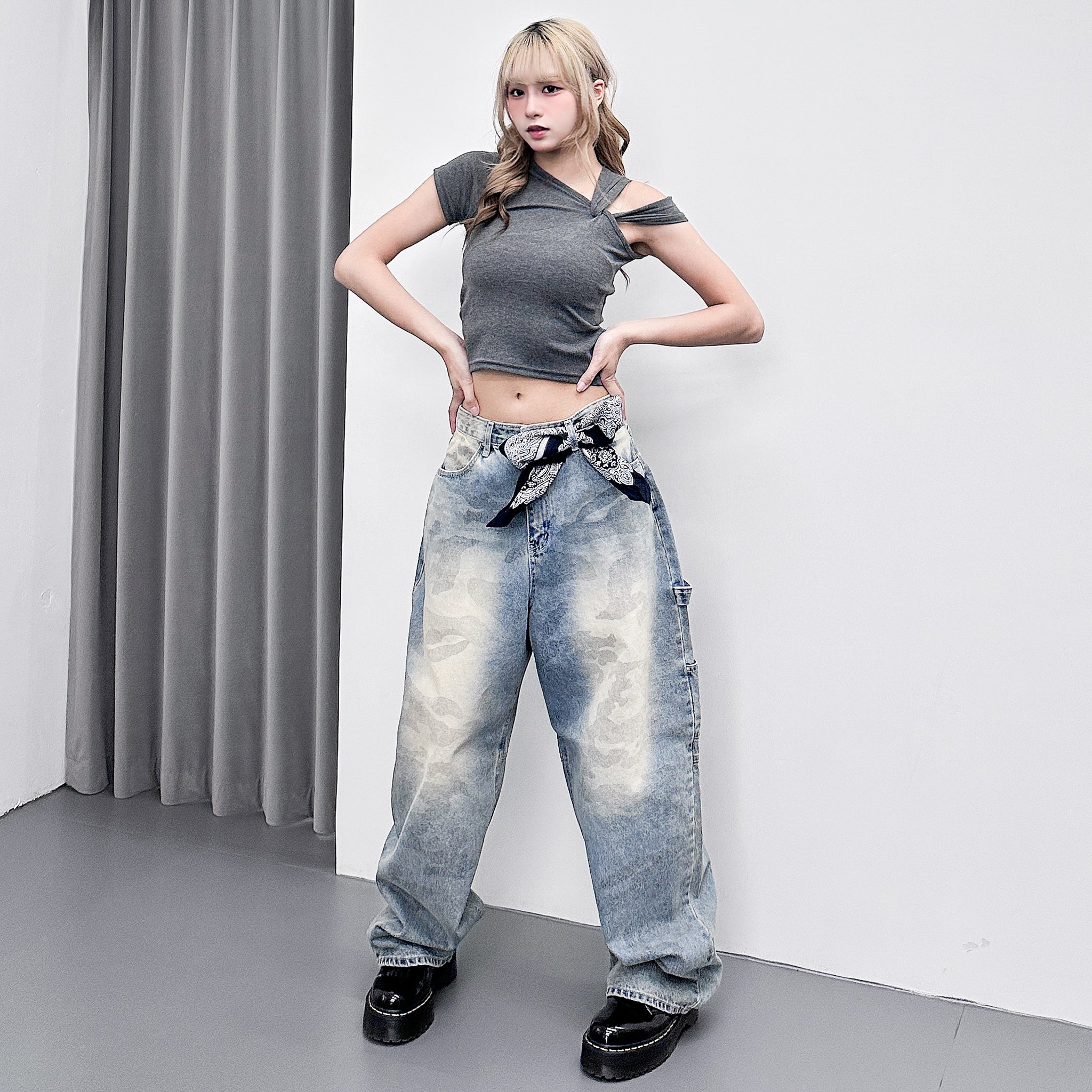 GREY BLUE CAMOUFLAGE BALLOON DENIM PANTS/ 1色
