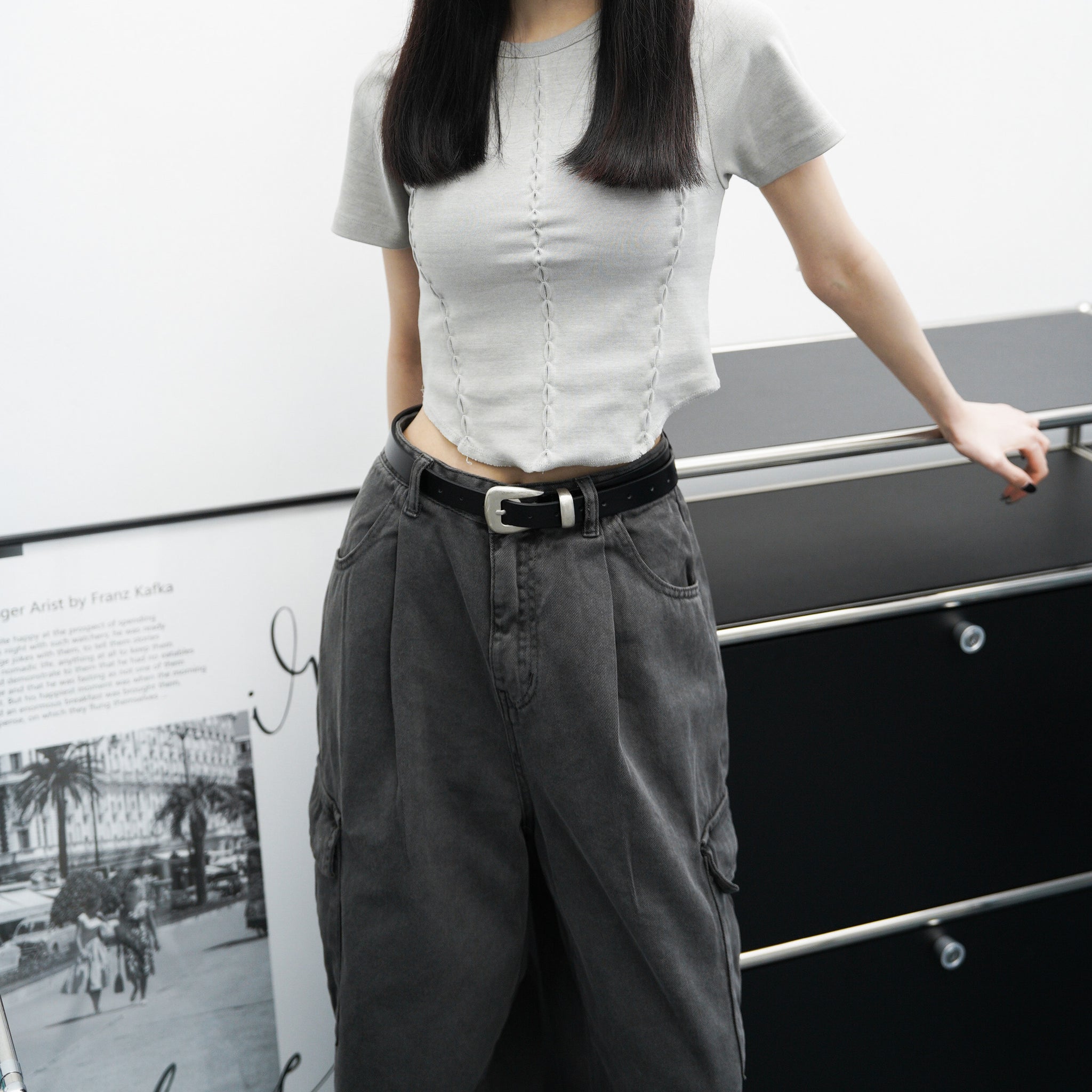 Silver Color Detail Faux Leather Belt/ 1色