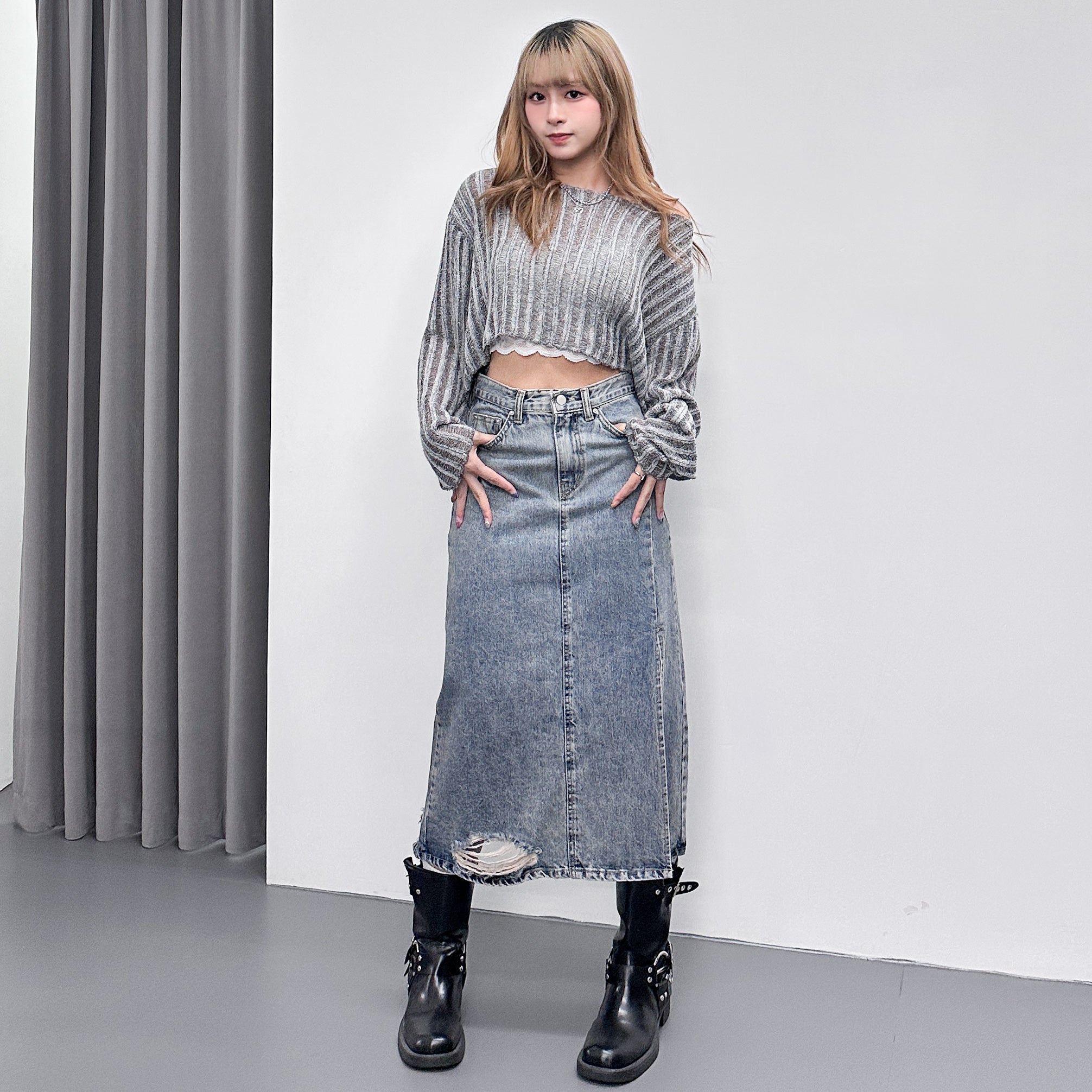DAMAGE DENIM LONG SKIRT/ 1色