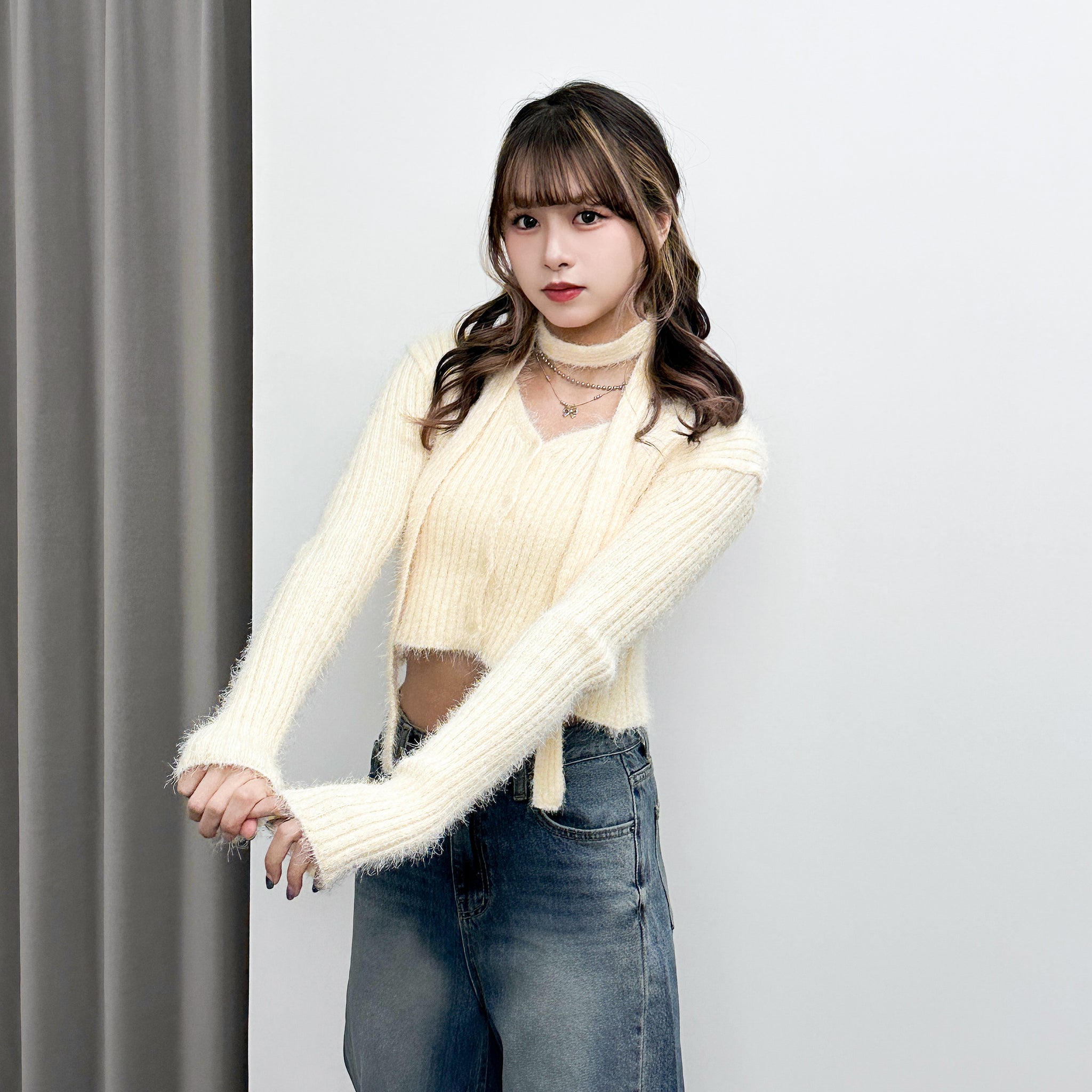girly松針絨毛茸茸crop冷衫外套+頸帶/ 3色