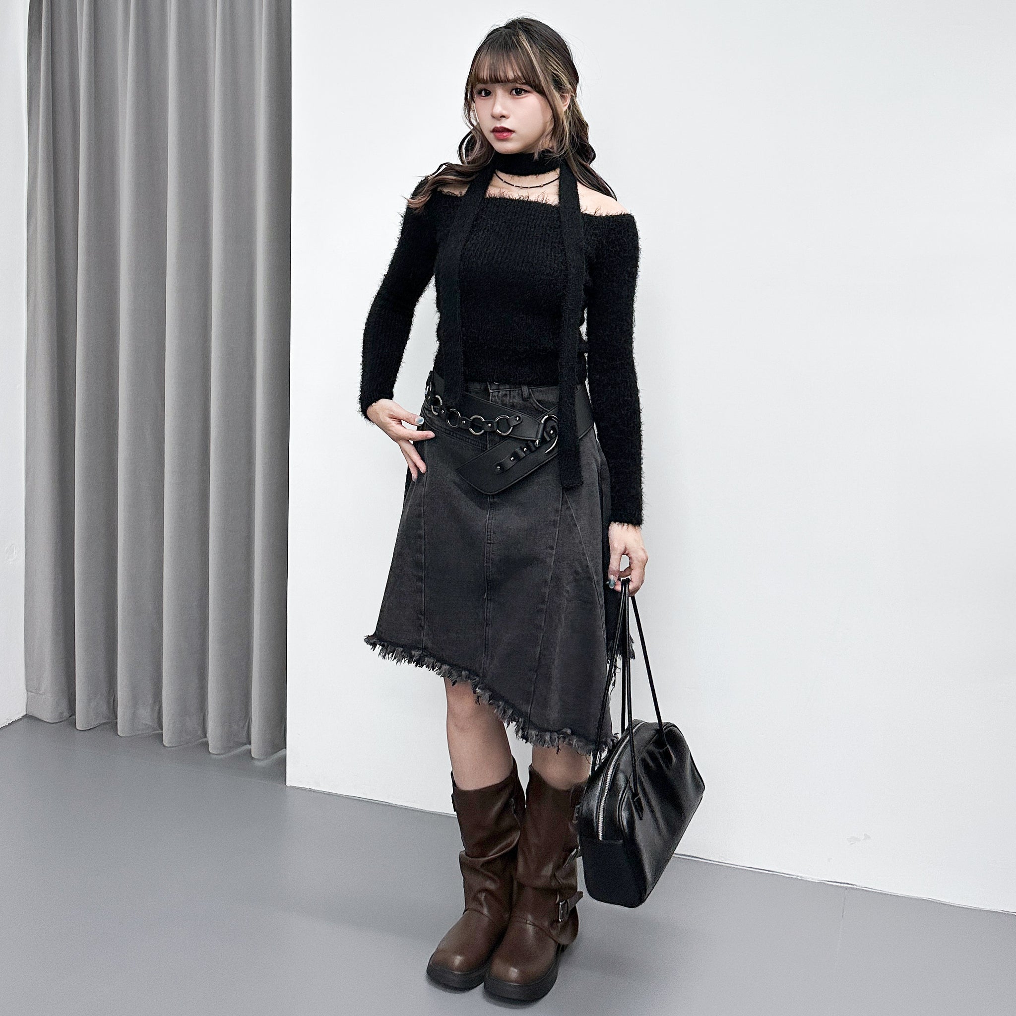 女人味UP毛茸茸SLIM OFF SHOULDER KNITWEAR+頸帶/ 4色