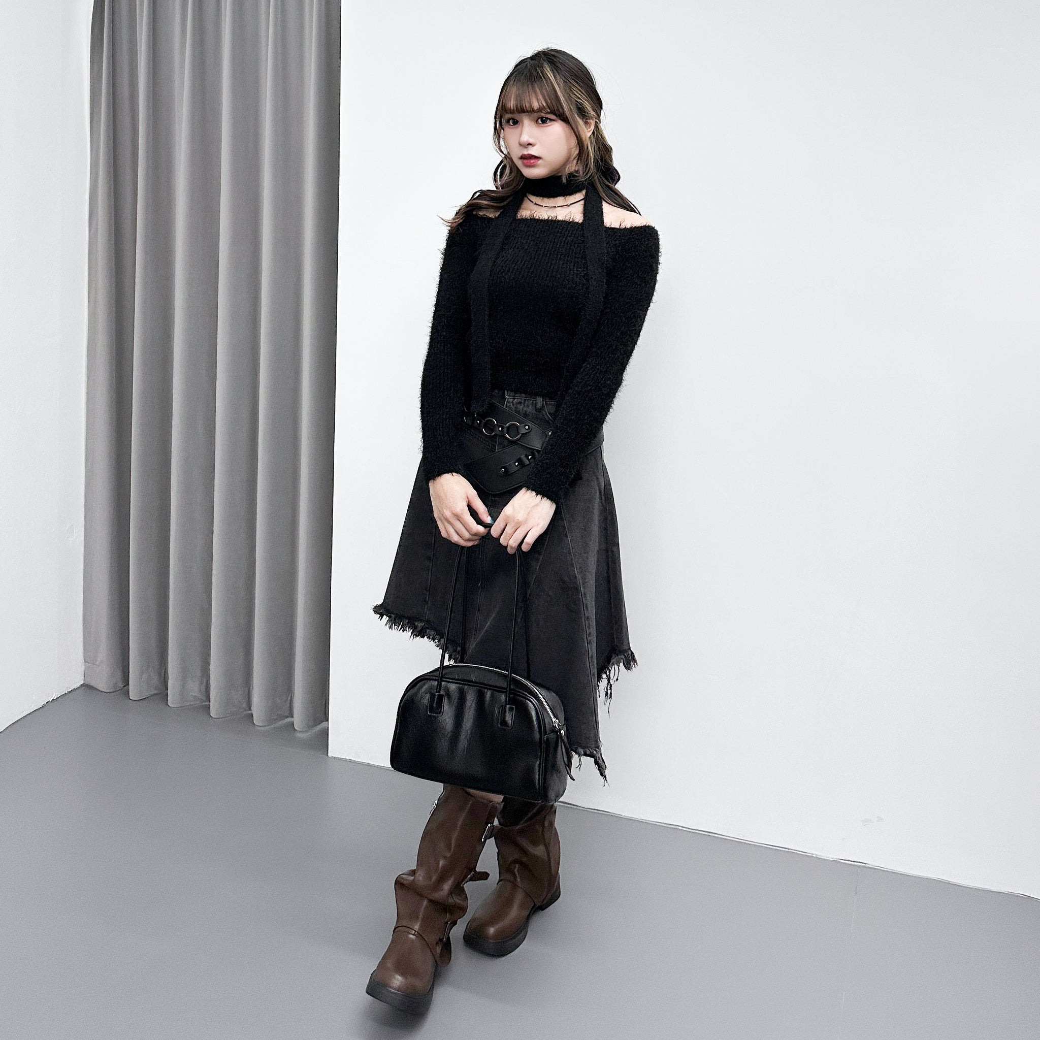 女人味UP毛茸茸SLIM OFF SHOULDER KNITWEAR+頸帶/ 4色